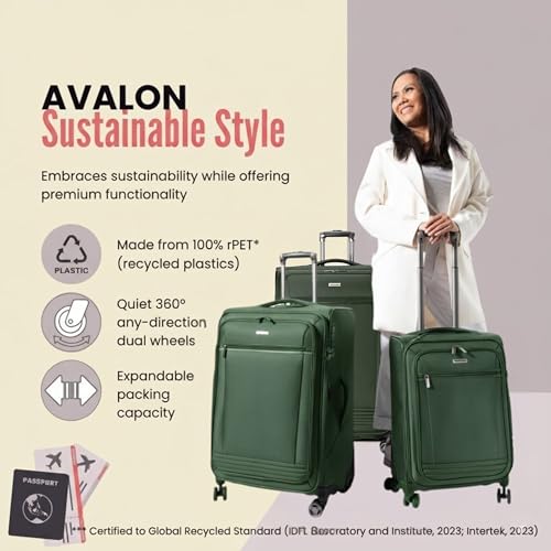 Ricardo Beverly Hills Avalon Softside Carry-On Luggage Made with Sustainable 100% Recycled PET (rPET), Lightweight, Eco-Friendly Travel, Expandable, Dual Spinner Wheels, Juniper Green, 20-inch