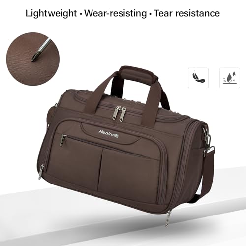 Hanke Small Travel Duffel Bag, Under Seat Carry On Personal Item Bag with 11 Pockets, Lightweight Water Resistant Foldable Weekender Bag with Trolley Sleeve for Travel Gym Daily Use（Coffee）