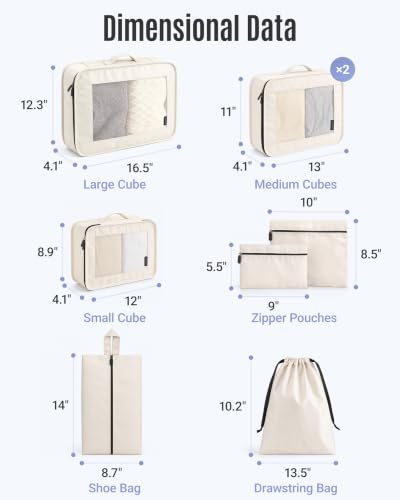 LIGHT FLIGHT 8 Set Packing Cubes for Travel, Durable Travel Essentials for Cruish Ship, Suitcase Organizer Packing Bags (8-Pack 1L+2M+1S+1Shoe Bag+2Toiletry Bags+1Laundry Bag)