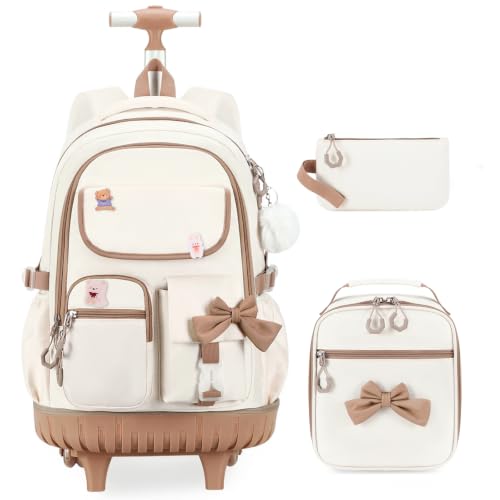 ACESAK Rolling Backpack for Girls - Roller Wheels School bag with Lunch Bag & Pencil Pouch for Teen Girls Kids Wheeled Suitcase Backpacks, Elementary Middle School Travel Daypack(Beige Khaki)