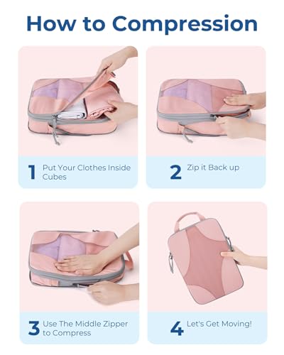 BAGSMART Compression Packing Cubes for Travel, Compressible Luggage Organizer for Cruise Ship, Lightweight Travel Essentials 6-Pack 1L+2M+2S+1Shoe Bag, Pink