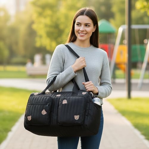 ALINUOYQ Quilted Diaper Bag Tote Cute Large Baby Bag for Mom, Hospital Bags for Labor Delivery, Weekender & Overnight Travel Duffel Bags for Women, Pañaleras para Bebe