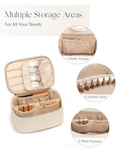 Prite Makeup Bag, Large Capacity Cosmetic Bag for Women and Girls, Waterproof PU Leather Travel Makeup Case, Toiletry Organizer with Handle and Divider for Skincare and Brushes - Beige