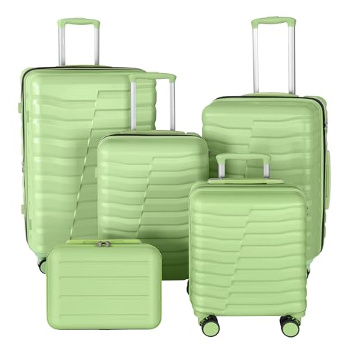 WireHot 5-Piece Luggage Set, Lightweight ABS+PC Hard Shell Suitcase with YKK Zipper & TSA Lock for Family, Avocado Green, 14in/18in/20in/24in/28in