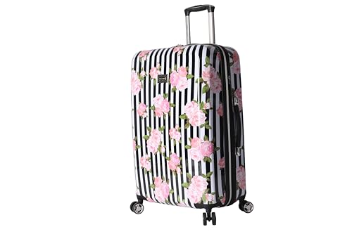 Betsey Johnson 26 Inch Checked Luggage Collection - Expandable Scratch Resistant (ABS + PC) Hardside Suitcase - Designer Lightweight Bag with 8-Rolling Spinner Wheels (Stripe Roses)
