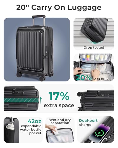 BAGSMART Top Opening Carry On Luggage 22x14x9 Airline Approved with TSA Lock, Expandable 20 Inch Deep Compartment Hard Shell Suitcases with Double Spinner Wheels, Black
