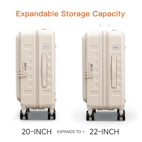 DTA Nova Top Opening Expandable Lightweight PC Hard Shell Suitcase, 20 Inch Carry On Luggage with TSA Lock, 360 Silent Spinner Wheels, Cup Holder, Ideal for Business Travel Suitcase (Beige)