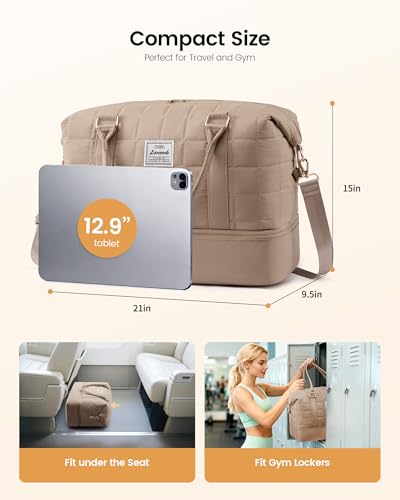 LOVEVOOK Travel Duffel Bag - Versatile Weekender Bag for Women, Puffer Carry On & Overnight Bag for Short Trips, Coffee Brown