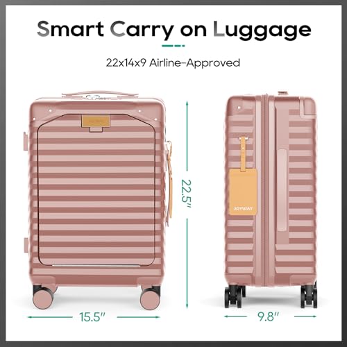 Joyway 20 Inch Carry on Luggage with Front Pocket, PC Hardshell Suitcase with USB Port and Cup Holder, 21.5x14.2x9 Airline Approved, with Spinner Wheels and TSA Lock, Rosa Gold