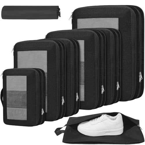 Prezon Compression Packing Cubes for Travel, Lightweight Vacation Travel Essentials, Travel Accessories for Suitcase Organizer Bags Set, Durable Luggage Organizer, 8 set, squre mesh, black