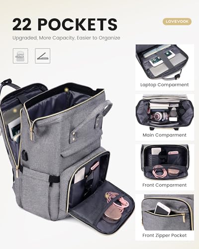 LOVEVOOK 17.3 Inch Laptop Backpack, Large Travel Backpack for Women, Water Resistant Teacher Backpack with Laptop Compartment, Professional Business Work bags with Charger, Austere Grey