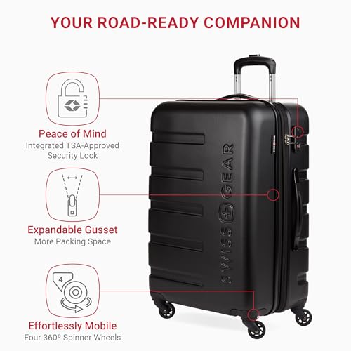 SwissGear 7366 Signature Hardside Expandable Luggage with Spinner Wheels, TSA Lock, Black, Checked-Medium 23-Inch