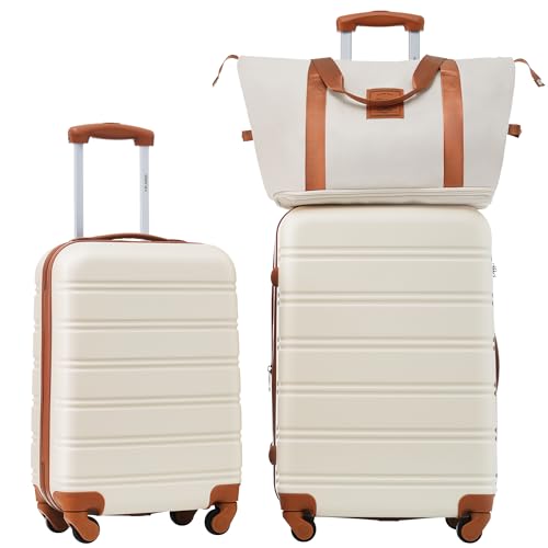Merax Luggage sets of 3 Piece 20 24 IN Carry on Luggage Hard Case White and Brown Luggage Expandable Checked Luggage Suitcase Set with Wheels