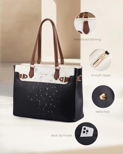 LOVEVOOK Laptop Tote Bag for Women Work, Teacher Tote Bag Nurse Bag with Large Cup Holder, 15.6 Inch Waterproof Leather Computer Bag Professional Business Office Briefcase, Black-beige-brown
