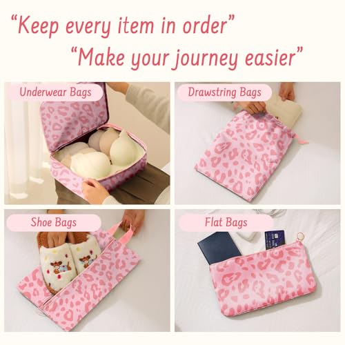 Woobolsalike 9 Set Packing Cubes for Travel Essentials - Lightweight Carry-On Luggage Organizer Bags with Shoe, Clothes & Laundry Bags for Airplane, Family & Business Travel, Pink leopard print