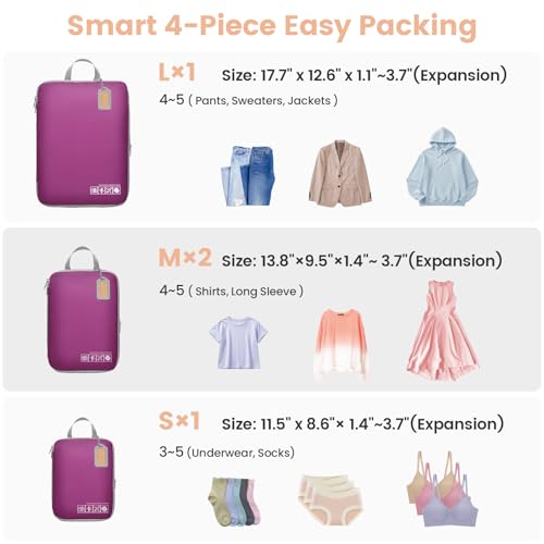Cambond Compression Packing Cubes for Travel - 4 Pack Lightweight Expandable Luggage Packing Organizers Travel Essentials Accessories Bags Compression Cubes Space Saver for Carry on Suitcases, Purple