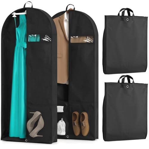 2 Pack Heavy Duty Garment Bags for Travel Suit Bags, Dress Bags, Garment Bags for Hanging Clothes with Pockets Men's Suit Holder for Cospaly, Shirts, Coats, Dresses (Black, 2Pack 43")