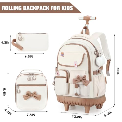 ACESAK Rolling Backpack for Girls - Roller Wheels School bag with Lunch Bag & Pencil Pouch for Teen Girls Kids Wheeled Suitcase Backpacks, Elementary Middle School Travel Daypack(Beige Khaki)