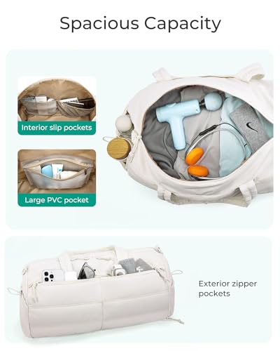 BAGSMART Puffer Gym Bag for Women, Lightweight Duffel Bag with Shoe Compartment, Weekender Bags with Wet Pocket, Workout Overnight Carry on Bag for Travel, Light Tan