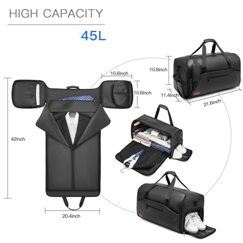 Garment Bags for Travel,45L Carry on Convertible Garment Duffle bag for Men Women - 3 in 1 Hanging Suit Travel Bag with Shoulder Strap