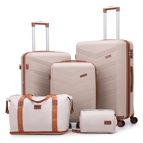 CONCEPTEN Luggage Sets 5 Piece, Expandable Hardside Suitcase with Spinner Wheels, 20/24/28 inch Travel Luggage Set, Lightweight Carry On with TSA Lock (Beige)