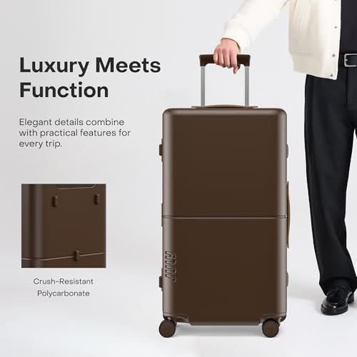 July Checked Trunk - 26.8" Zipperless Airline Approved Check In Luggage with Wheels, 80/20 Opening Spinner Suitcase - TSA Lock Rolling Suitcase, Spinner Wheels, Y-Strap - Matte Brown