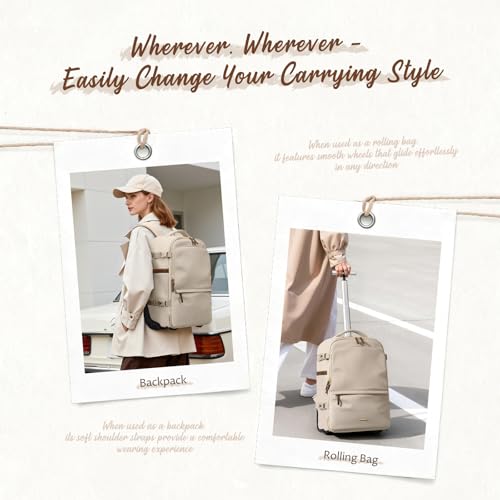 GOLF SUPAGS Rolling Backpack for Women 17 Inch Convertible Travel Laptop Backpack with Wheels, 32L Carry On Business Luggage Daypack Water-Resistant Rolling Bag for Work Short Trips (Apricot)