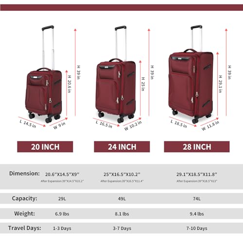 WireHot 3-Piece Softside Expandable Luggage Set with Front Open Pocket, Lightweight and Durable Oxford Fabric Suitcase Set with TSA Lock (Burgundy Wine Red, 20in/24in/28in)