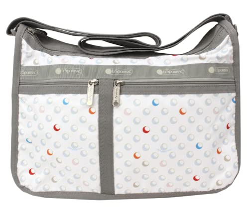 LeSportsac Sunlit Bubbles Deluxe Everyday Crossbody Bag + Cosmetic Bag, Style 7507/Color E553, Crisp White w Playful Bubbles, Vibrant Shades of Red, Blue, Orange, Muted Shades of Pink, Lt Blue & Khaki