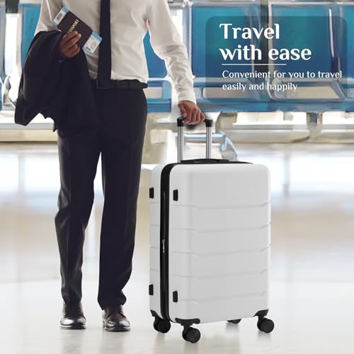 NEWBULIG 24 Inch Checked Luggage, ABS Hard Shell Lightweight Rolling Expandable Suitcase with Smooth Spinner Wheels and TSA Lock for Business Trips and Daily Vacations, White