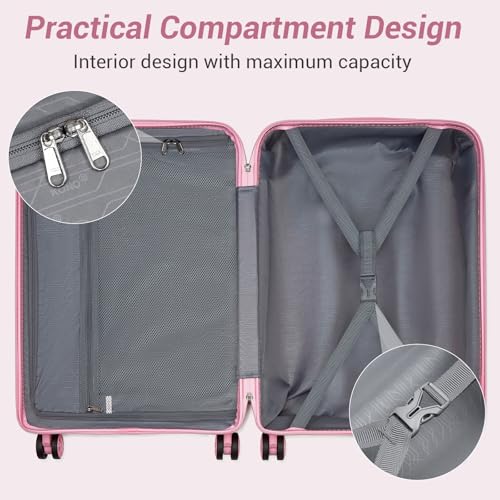 Kono Carry On Luggage 24 Inch Checked-Medium Hard Shell Travel Trolley 4 Spinner Wheels Lightweight Polypropylene Suitcase with TSA Lock, Pink