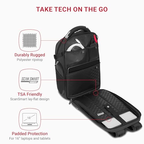 SwissGear Travel Tech Elite Laptop Backpack – Fits Laptops up to 16” – ScanSmart TSA-Friendly Backpack with USB Port, Shoe Compartment & Organizer Pockets – Heather Grey