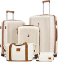 Joyway Luggage Sets 5 Piece PP Hardshell Carry on Suitcase, Travel Lightweight Carry-on with Double Spinner Wheels and TSA Lock, Beige Brown