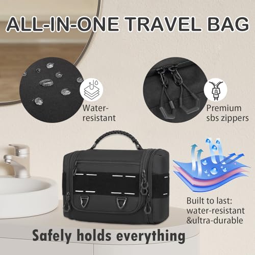 BISKLNDN Tactical Toiletry Bag for Men, Hanging Dropp Kit Mens Toiletry Travel Bag for Toiletries, Traveling & Shaving Kit, Hygiene Bag Shower Bathroom Organizer with Handle & Swivel Hook, Black