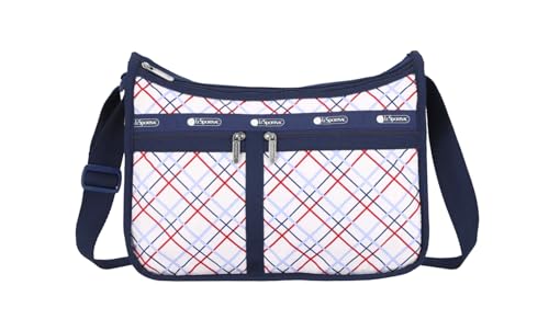 LeSportsac Modern Tattersall Deluxe Everyday Crossbody Bag + Cosmetic Bag, Style 7507/Color E839, Classic Navy & Bold Red Unite on Crisp White Bag, Modern Lilac Accent, Fun Interpretative Tartan Plaid