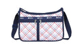 LeSportsac Modern Tattersall Deluxe Everyday Crossbody Bag + Cosmetic Bag, Style 7507/Color E839, Classic Navy & Bold Red Unite on Crisp White Bag, Modern Lilac Accent, Fun Interpretative Tartan Plaid