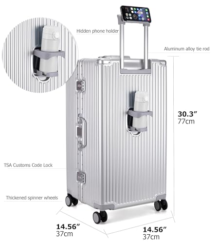 feilario 30in Super Large Captain Aluminum Frame Hardside Spinner Wheels Luggage, Removable Wheels Zipperless Checked Suitcase with Cup Holder/Phone Holder (Silver,30in)