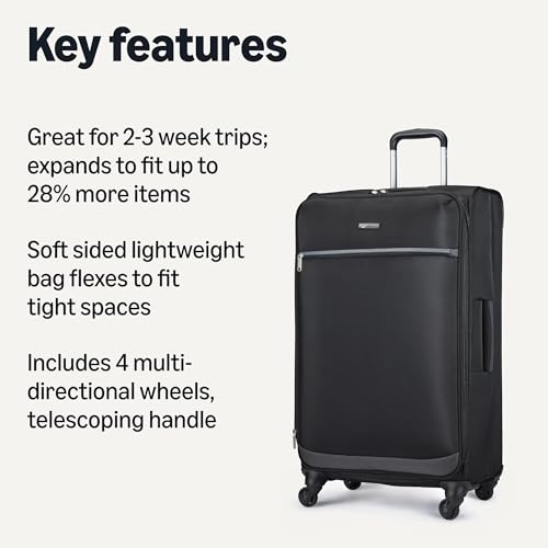 Amazon Basics 28" Large Checked Softside Expandable Suitcase with 360-Degree Multi-directional Spinner Wheels, Expandable Capacity, Zippered Pockets, Telescoping Handle, Black