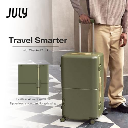July Checked Trunk - 26.8" Zipperless Airline Approved Check In Luggage with Wheels, 80/20 Opening Spinner Suitcase - TSA Lock Rolling Suitcase, Spinner Wheels, Y-Strap - Matte Moss Green