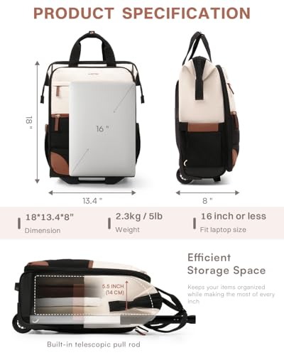 Rolling Puffer Backpack for Women, Travel Backpack with Wheels, 16 Inch Wheeled Laptop Backpck, Dual-Opening Design Overnight College Underseat Carry on Luggage, Roller Business Work Bag, Beige Brown