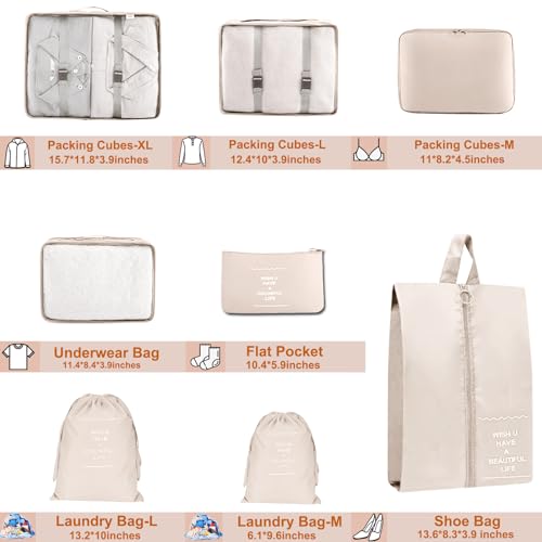 YEEYAA Packing Cubes for Travel- 8 Set Luggage Organizer Bags for Family, Mesh Breathable Travel Packing Cubes for Suitcases Durable Travel Essentials Bags Set (Beige, 8 Set)