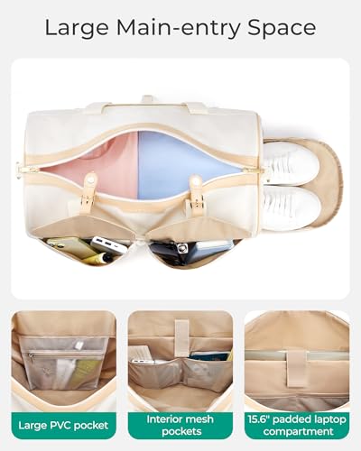 BAGSMART Duffel Bag for Women, Vintage Weekender Bag, Overnight Gym Carry on Personal Item for Travel, Beige