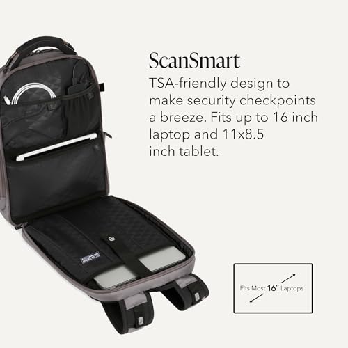 SwissGear Travel Tech Elite Laptop Backpack – Fits Laptops up to 16” – ScanSmart TSA-Friendly Backpack with USB Port, Shoe Compartment & Organizer Pockets – Grey Ballistic