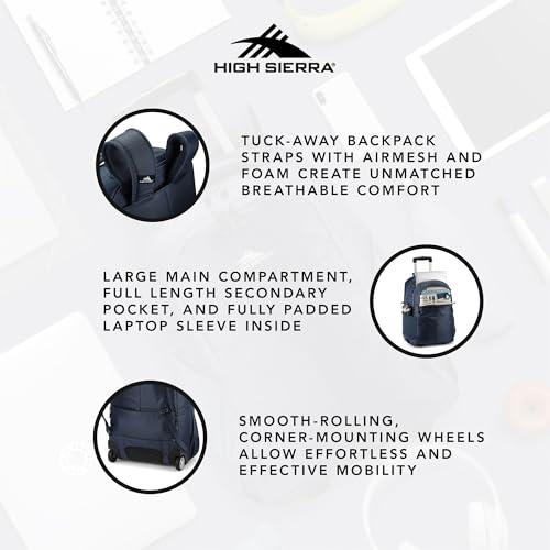 High Sierra Powerglide Pro Wheeled Backpack, Rolling Laptop Bag for Travel, Fits most 15.6” Laptops, 40L, Indigo Blue