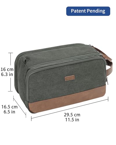 WANDF Toiletry Bag for Men Travel Toiletry Organizer Canvas and Leather Dopp Kit Water-Resistant Shaving Bag for Travel Accessories (Green, Large)