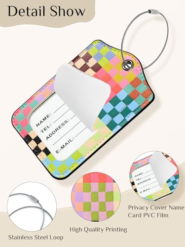 Seorsok 2Pcs Luggage Travel Tags for Suitcases,Cute Color Grids Checkered PU Leather Name Tag with Privacy Cover&ID Label Address Card and Durable Metal Ring Suitable for Men Women Handbags Backpack