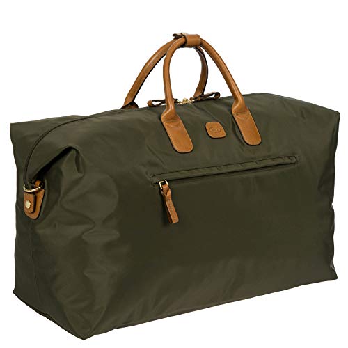 Bric’s X-Travel Deluxe Carry-On Duffel, Lightweight Water-Resistant Weekender with Italian Leather Handles, Removable Inner Pocket and Luggage Pass-Through for Versatile 2-in-1 Travel – Olive