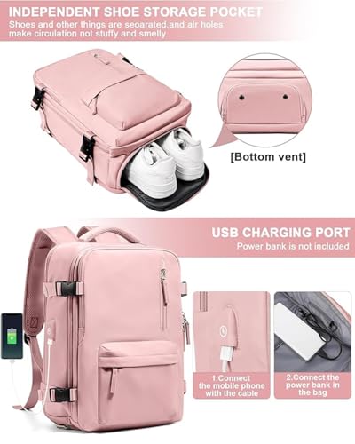 Farmer&Donkey Travel Backpack for Women Men, Waterproof Airlines Approved Carry On Backpack 15.6 Inch Laptop Backpack with USB Charging Port for Computer Bookbag for Business, School, Work (Pink)