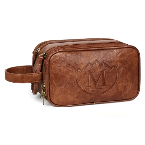 Personalized Toiletry Bag for Men,Engraved Mens Toiletry Travel Bag,Waterproof PU leather Toiletry Shaving Bag for Men Birthday Gift Ideas for Men Dad Husband Him,Anniversary Groomsmen Gifts Brown- M