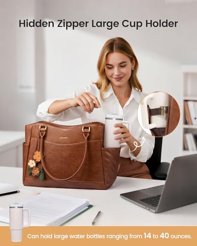 LOVEVOOK Laptop Bag for Women, 15.6inch Original Vintage Work Tote Bag Computer Office Teacher Bag with Large Cup Holder, Brown